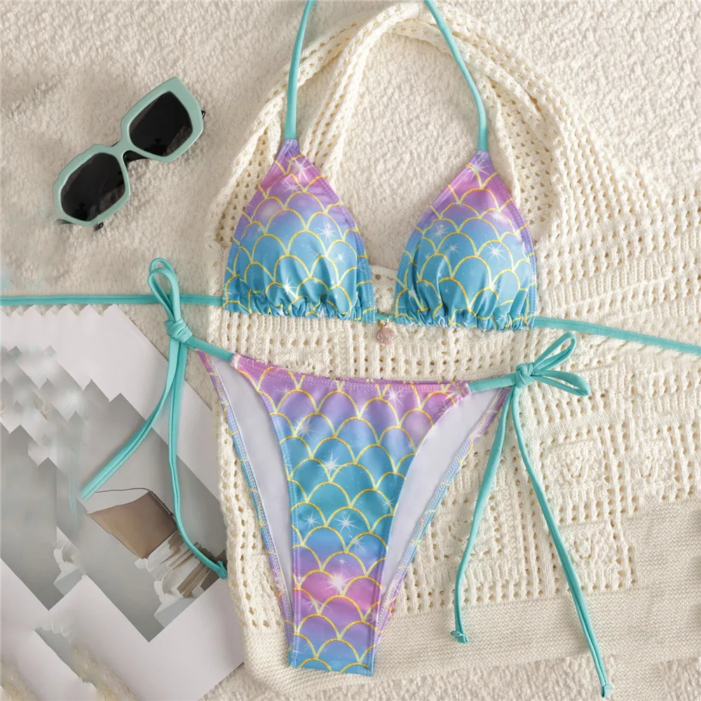 Cute Fish Scale Print Swimwear Sexy String Halter Triangle Thong Micro Bikinis Sets Swimsuit Woman 2026 Swimming Suit Bikini
