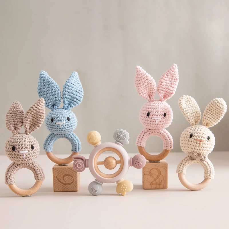 1pc Baby Crochet Rabbit Music Rattle Teether Wooden Ring Rattle Toys Soother Bracelet Mobile Crib Toys For Newborn Gifts Teether