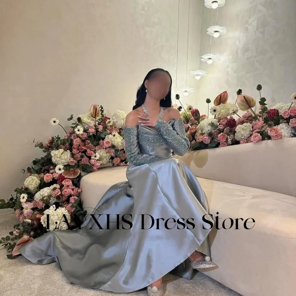 LAYXHS Olśniewające Sukienki Wieczorowe z Odkrytymi Ramionami, Długie Rękawy, Linia A, Sukienki Balowe z Koralikami, Szyte na Miarę فساتين سهرات