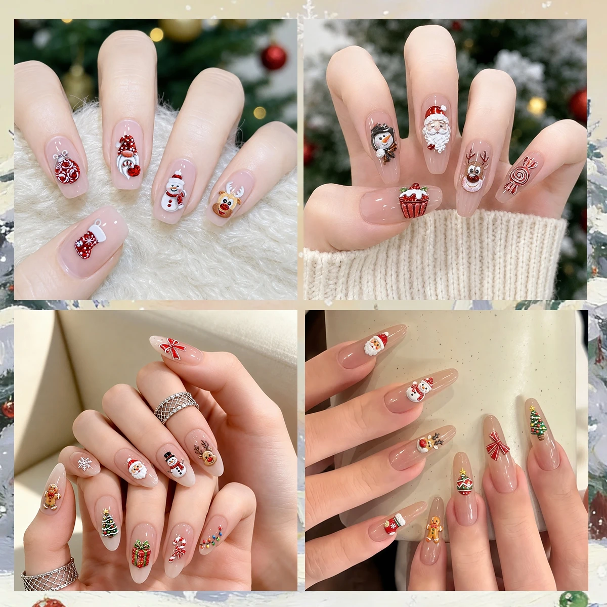 3 bis 15 Blatt 5D Weihnachts-Nagelsticker mit Motiven von Weihnachtsmann, Schneemann, Rentier, Baum, Schneeflocke, Schleife und Zuckerstange, selbstklebend – Detail 3