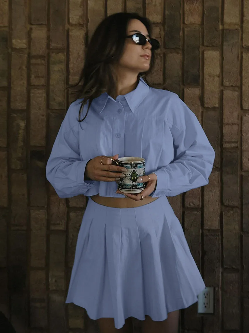 

Marthaqiqi Casual Women Nightgown Suit Turn-Down Collar Nightie Long Sleeve Nightwear Crop Top Pajama Short Skirts Sleepwear Set