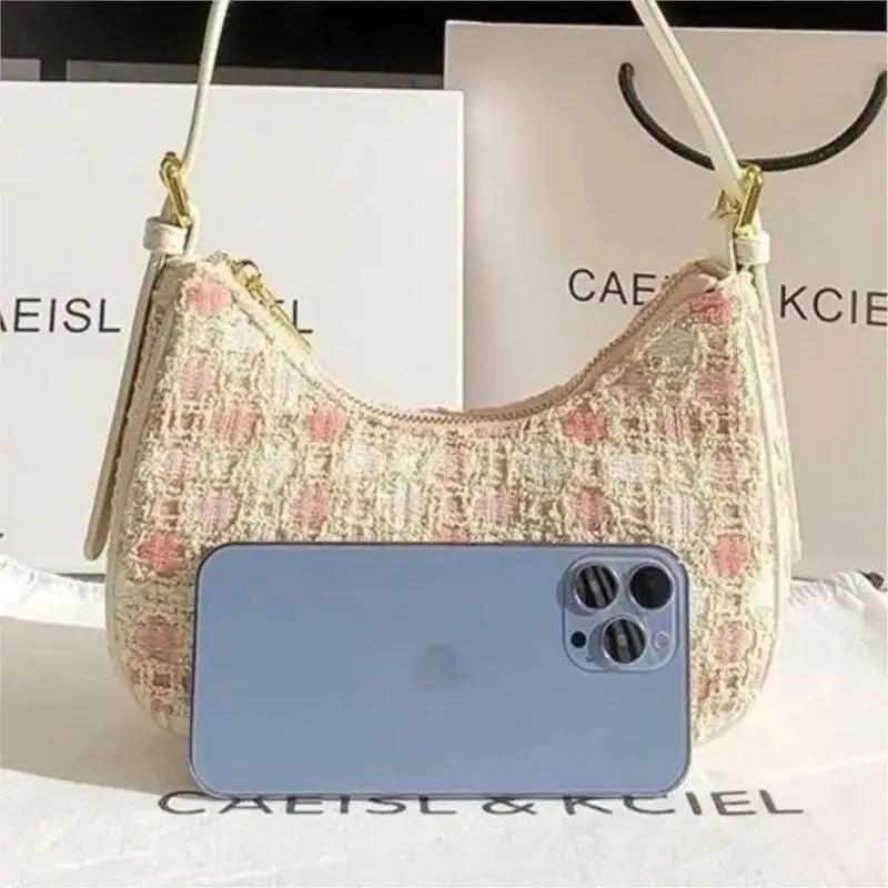 Sweet Pink Woven Crescent Underarm Bag Women Retro Color Block Shoulder Bags Ladies Elegant Fashion Casual Commute Handbag 2025