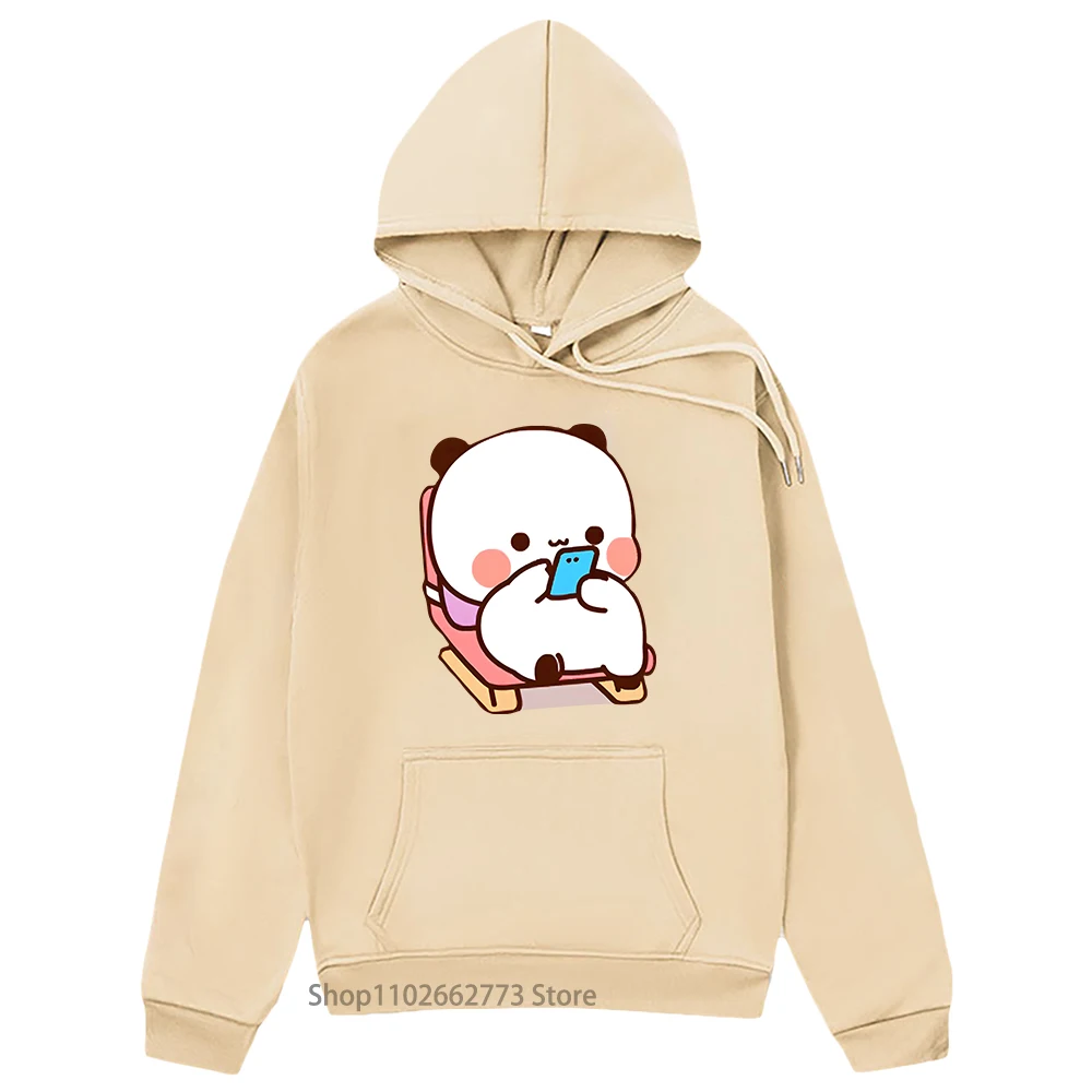 

Cute Lying Bubu Is Playing Smartphone Graphic Hoodies Panda Bear Sweatshirts Kawaii Funny Women Men Clothing Winter Y2k Sudadera