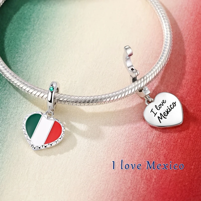 Original 925 Sterling Silver Charms Bead National Flag Heart Pendants Fit Original Bracelet Necklace For Women DIY Jewelry Gift view 5