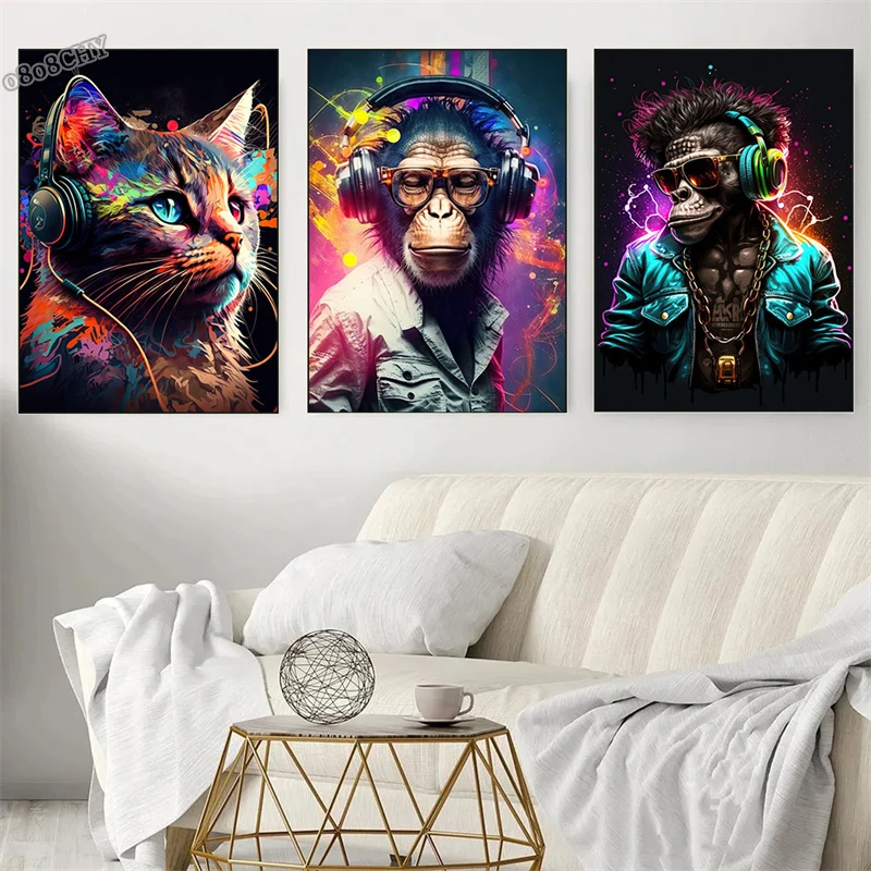 Animal Monkey Cat Dog Headphone Dj Music Poster Canvas Print Painting Vinyl Record Playing Music Picture Internet Bar Room Decor