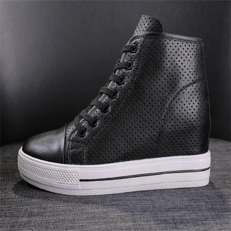 8cm New summertime Lace-up High-top Genuine Leather ventilate Shoes Women Sneaker Shoes Increase Within Wedges Casual Shoes 39