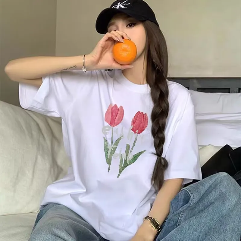 

100% Cotton Summer T-shirt New Women Print Tulips T Shirt Students Casual Tee Top Female Short Sleeves Loose T-shirt 3XL