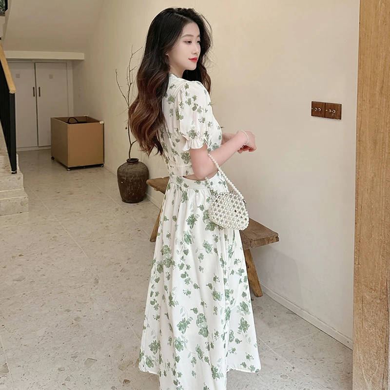 Summer new chiffon floral dress with slim waist and gentle style, stunning milk sweet long skirt