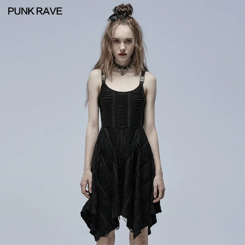 

PUNK RAVE Women's Gothic Asymmetric Sexy Slip Black Dress Punk Shoulder Loop Decorative Personality Casual Clothes Summer