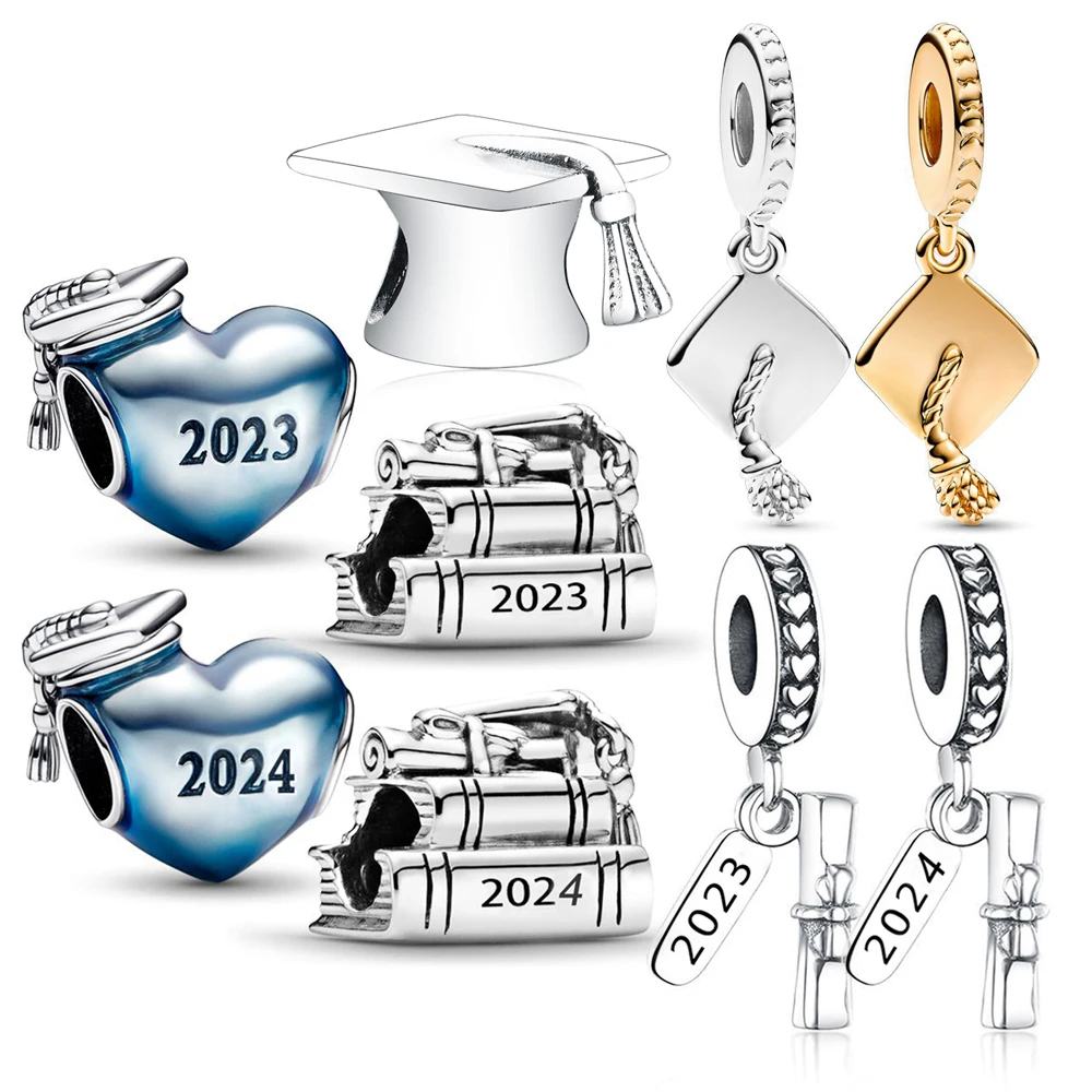 New Blue 2023 Graduation Heart Charm with Cap Bead Fit Original Pandora Charms Bracelet Pendant DIY Jewelry Gift