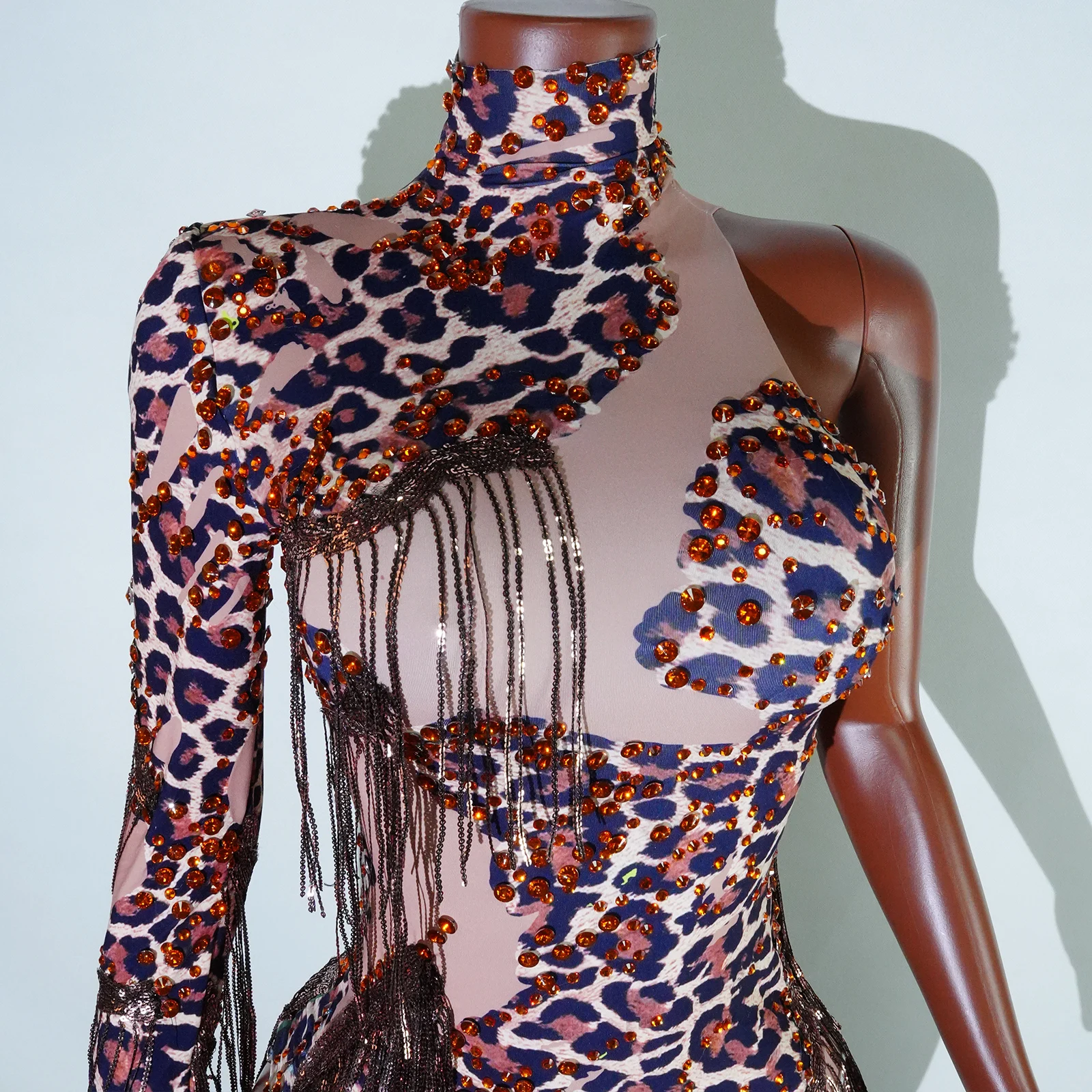 Body elástico con estampado de leopardo y diamantes de imitación para mujer, traje Sexy para escenario de baile Drag Queen, club nocturno, fiesta de cumpleaños, traje de cantante y Bar