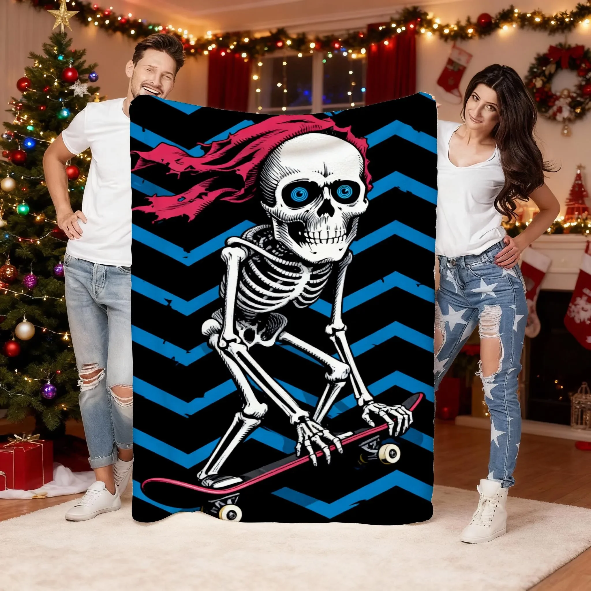 Custom Powell Peralta Skateboarding Skeleton Deck Printed Flannel Blanket - Soft, Warm Polyester, All-Season Use For Sofa, Offic