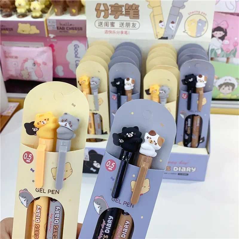 2pcs/set Kawaii Cat Gel Pens 0.5mm Black Ink Neutral Pens Korean Stationery Cute Ballpoint Pens Office School Writing Supplies