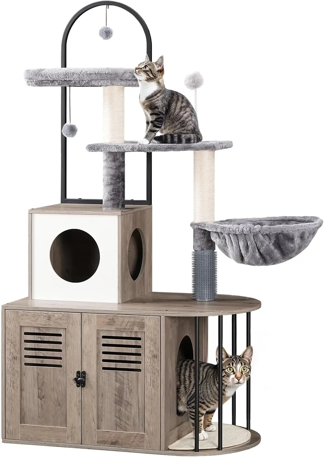 Indoor Use, Wooden Cat Tree in Greige and Gray, All - in - One with Hidden Litter Box, Sisal Posts and Hammock