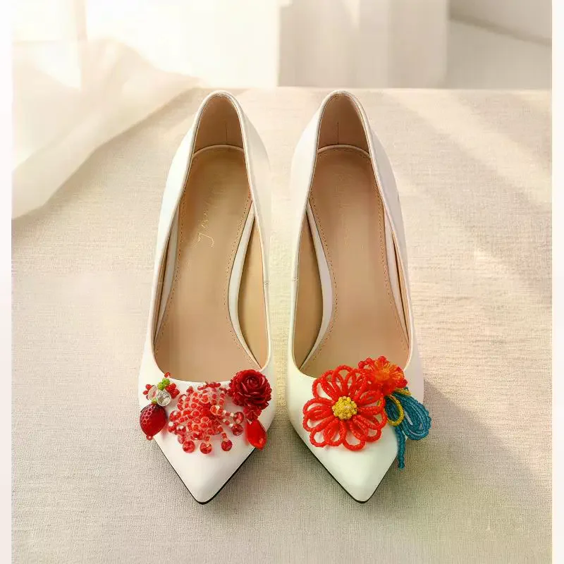 Exquisite Red Beaded Crystal Flower Shoe Clips: Korean Style DIY Decorative Accessories for Jelly Shoes, Slippers & Sandals