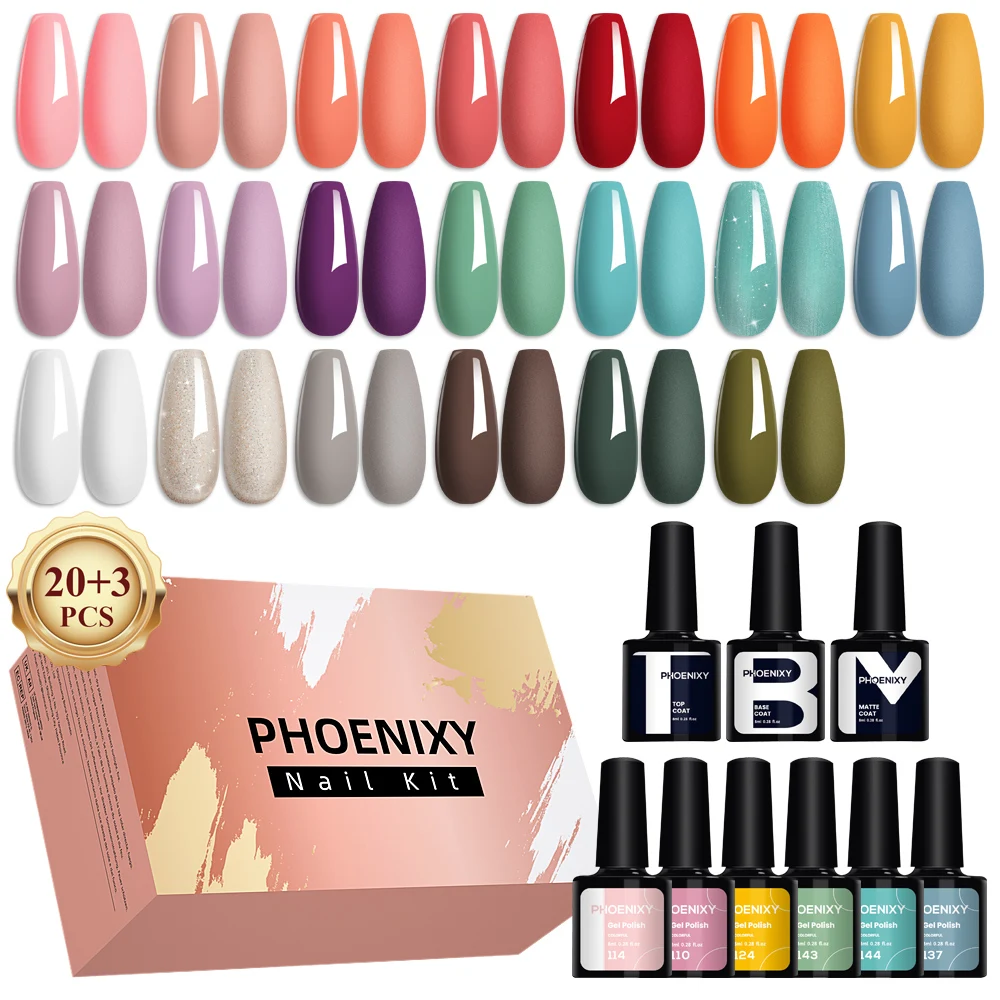 PHOENIXY Nail Gel Polish Set 20PCS 8ML Gel Nail Polish with Base Matte Top Coat Kit Spring Summer Popular Colors Gel Varnish Set