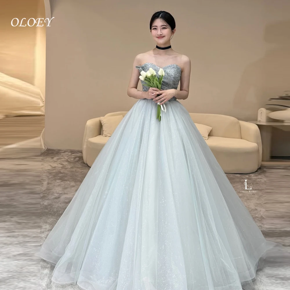 OLOEY Shining Blue Korea Prom Dresses Sparkly Ball Gown Tulle Sweep Train Photos Shoot Birthday Sleeveless Dress Customized