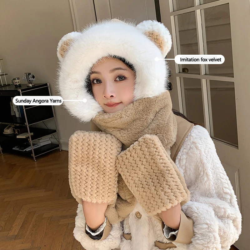 

Bear hat gloves scarf three-piece Lei Feng hat lovely hat female winter ear protection thickened