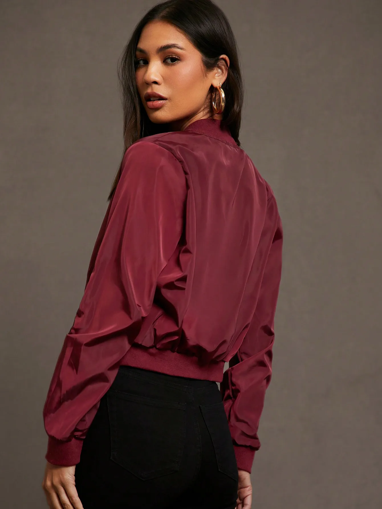 여성용 버건디 지퍼업 봄버 재킷, 캐주얼 가을/겨울 스타일, 리브드 커프스 & 헴