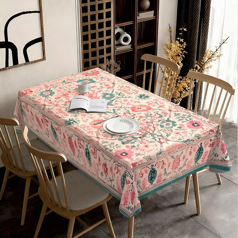 1pc Rectangular Tablecloth/Placemat, Vintage Floral Pattern, Mainly Pink with Green Accents, 100%, Machine Washable for Easy Cleaning, Durable, Suitable for Restaurant/Office/Desk/Kitchen/Picnic Decoration/Gift/Banquet/Coffee Table/Wedding/Party