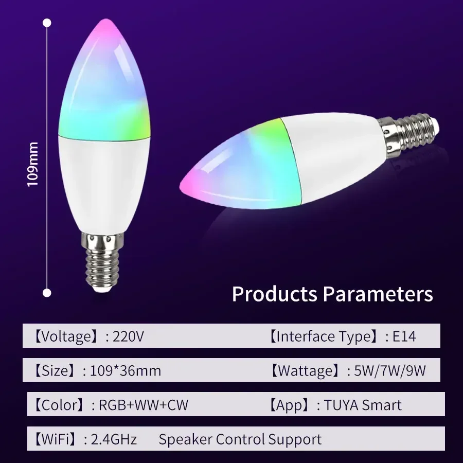 Tuya Smart WiFi LED Bulb E14 220V 5W 7W 9W Dimmable RGB Light Support APP Alexa Google Assistant Home Voice Control Convenient