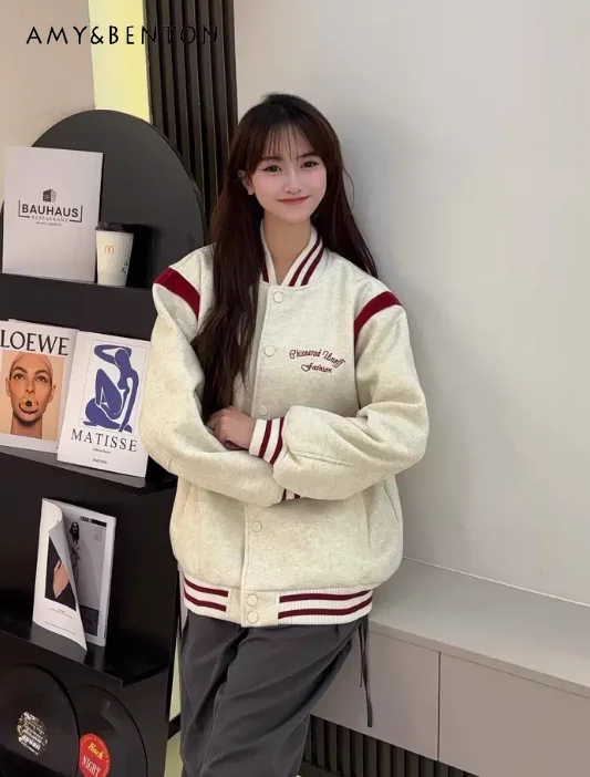 

Spring and Autumn American Style Women's Letter Embroidery Navy Blue Baseball Jacket Couple Style Apricot Loose Casual Jacket