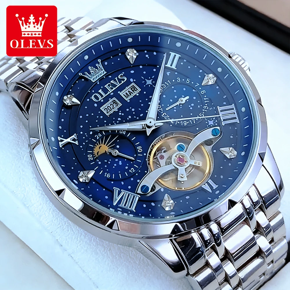 

OLEVS Men's Watches Top Brand Luxury Fashion Fine Steel Original Automatic Mechanical Wristwatch Waterproof Moon Phase Calendar