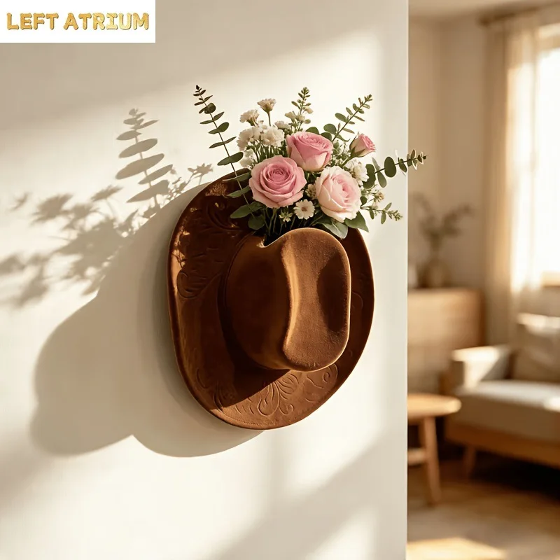 Flocked Cowboy Hat Wall Mounted Flower Vase  Walls Hanging Planter Resin Floral Holder Cowboy Hat Wall Decor  Home Art Ornament