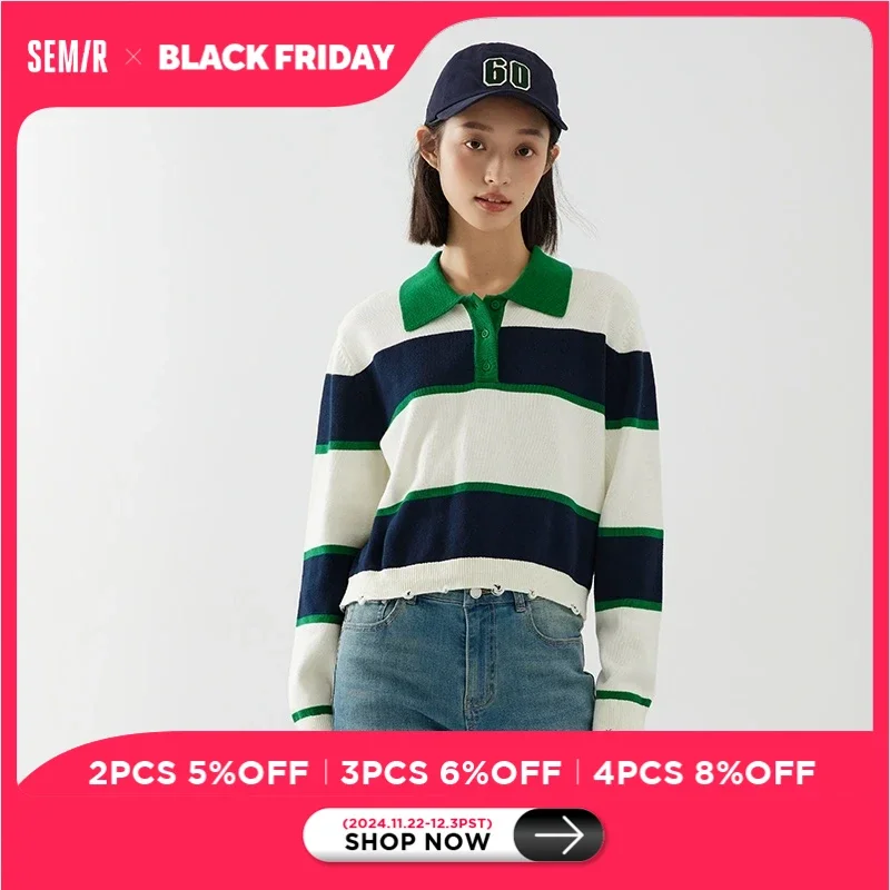 Semir Sweater Women Short Polo Neck Loose Personality Trendy Girl Autumn Salt System Striped Retro Trendy Cool Sweater