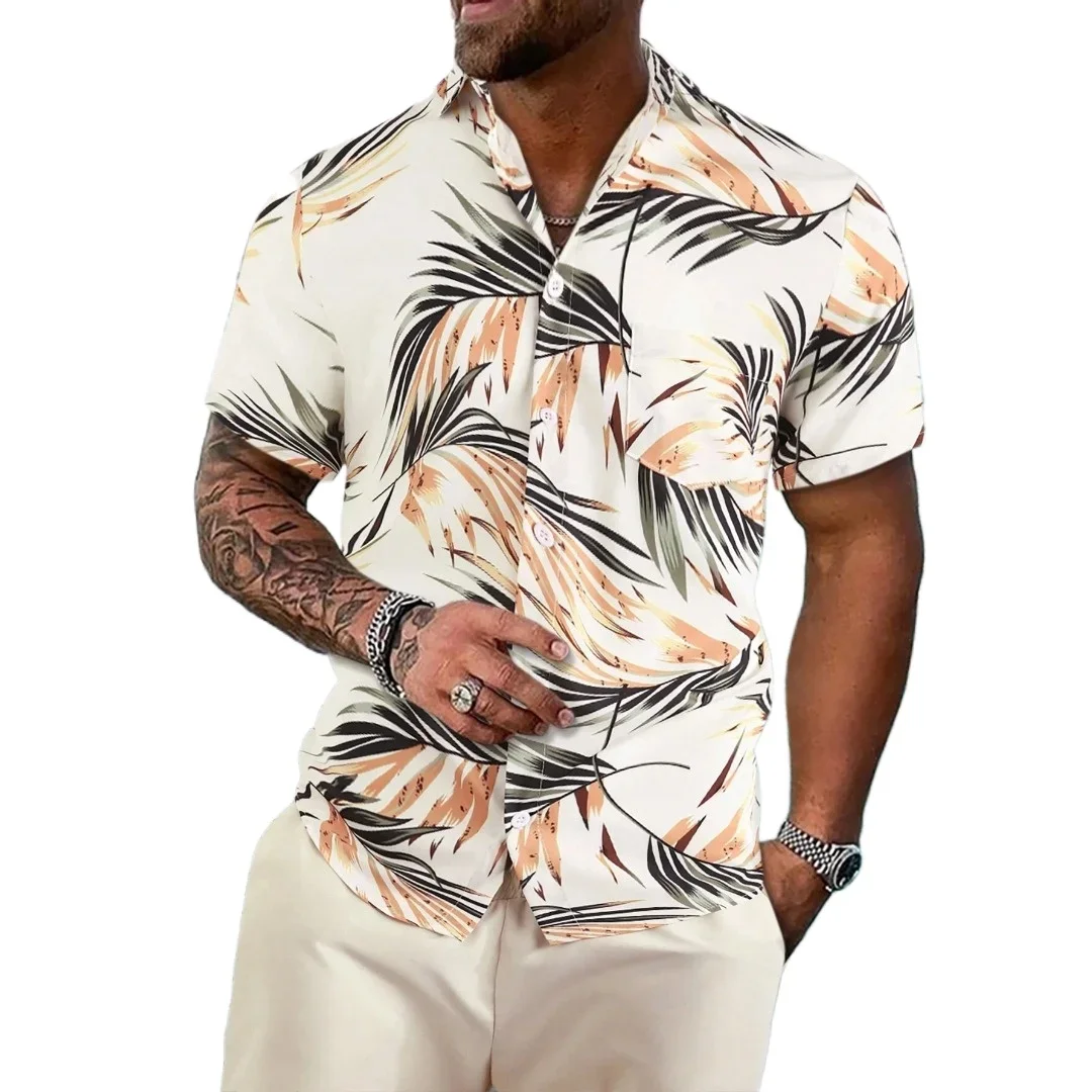 

Hawaiian palm tree 3D printed men's shirt, casual and fashionable short sleeved shirt, lapel button top large unisex clothing