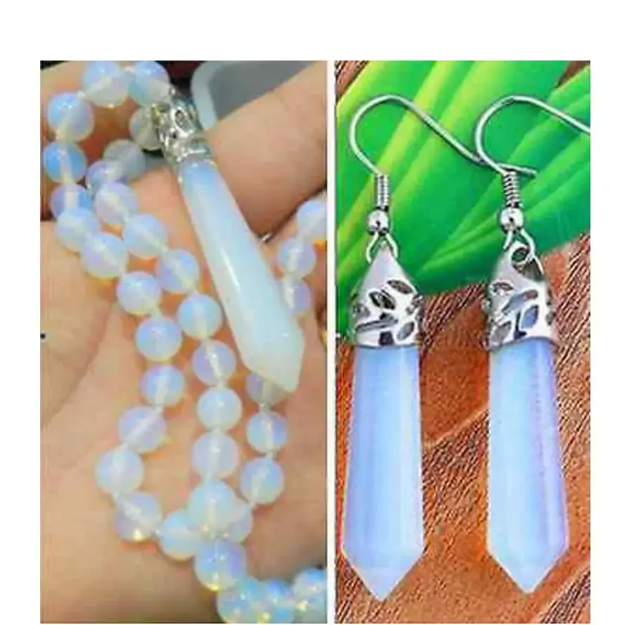 

New Hexagonal jade Healing Chakra Reiki Opal Opalite Necklace + earrings 18inch