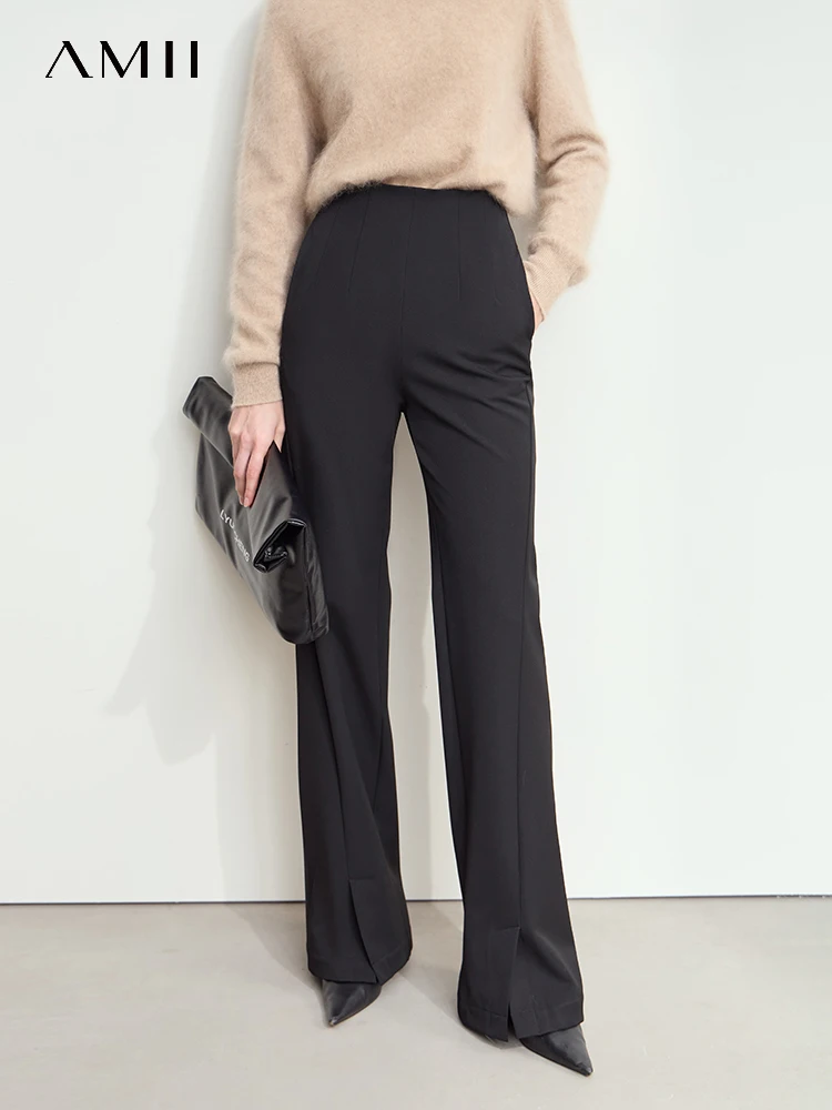 AMII Minimalist Commuter Slimming Casual Pants 2024 Winter New Front Slit Female High Waist Basics Black Flare Pants 12414009