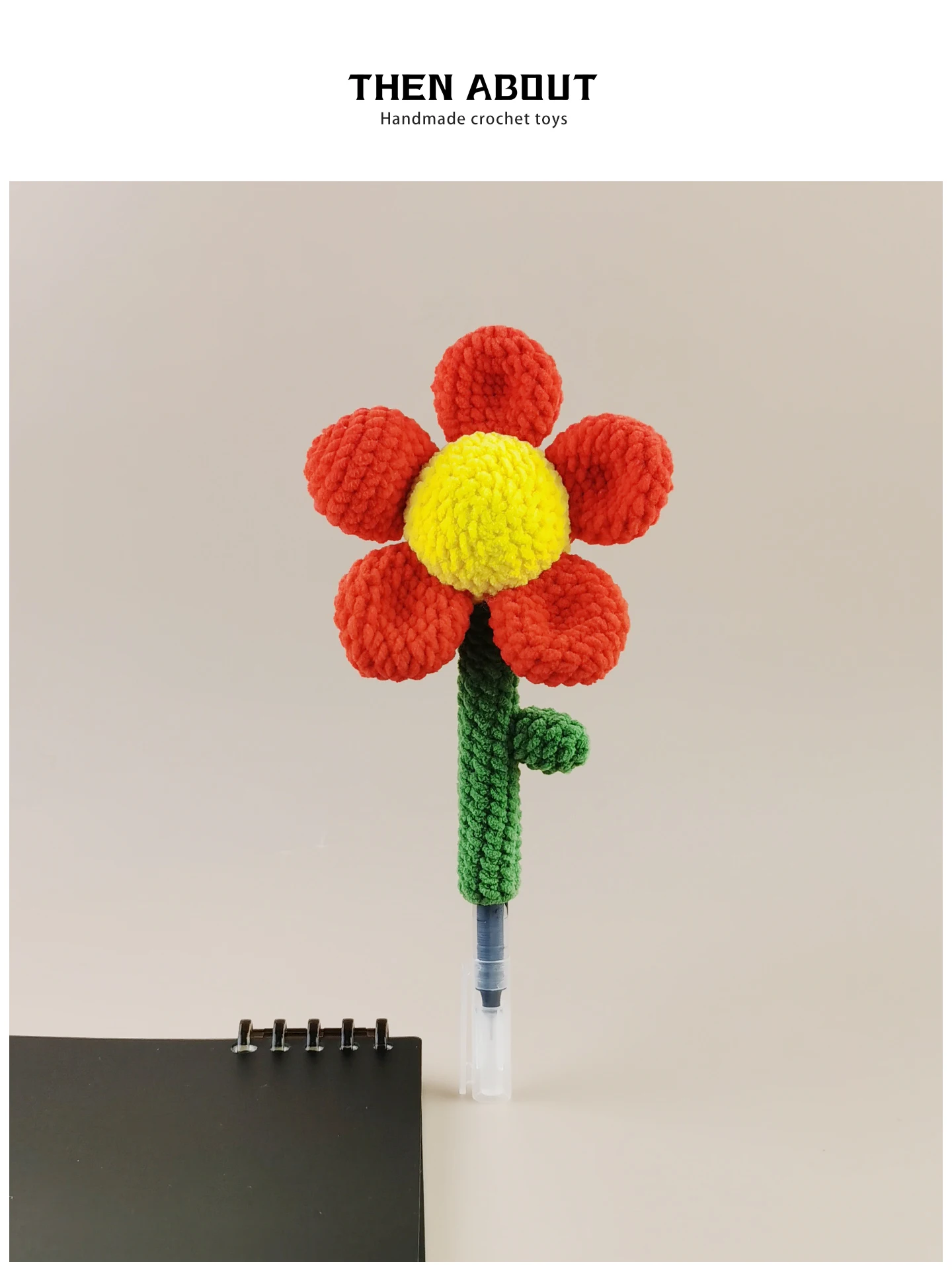 Bright Red Flower High Aesthetic Value Crocheted Pen Cap Teacher's Day Gift Premium Feeling Wool Yarn Teacher Appreciation