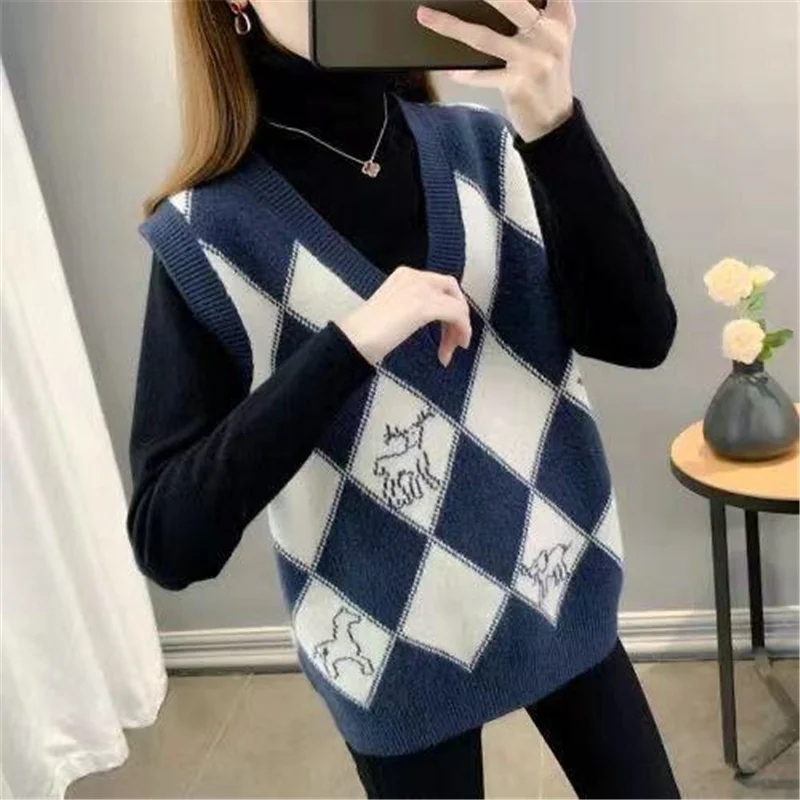 Autunno inverno donna Vintage Argyle semplice Casual simpatico cartone animato modello allentato scollo a v maglione lavorato a maglia gilet tutto