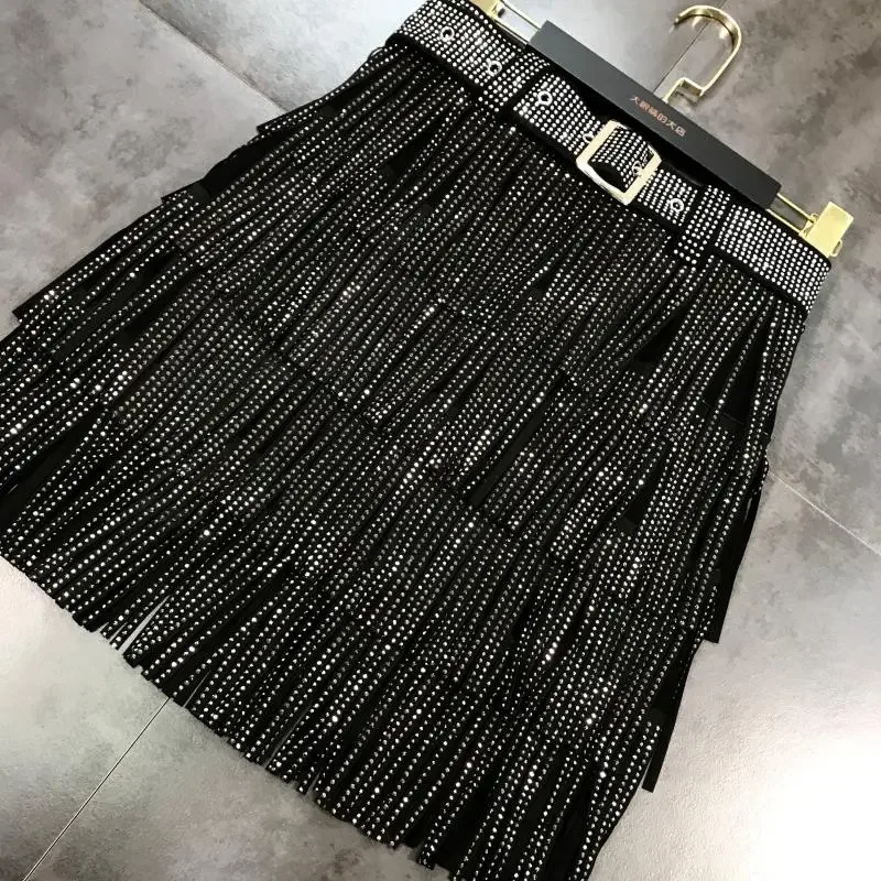 Women Skirt Fashion 2024 New Autumn High Waist Belt Multi Layer Short  Heavy Drilling Rhinestones Fringed Skirt with Cake A Line