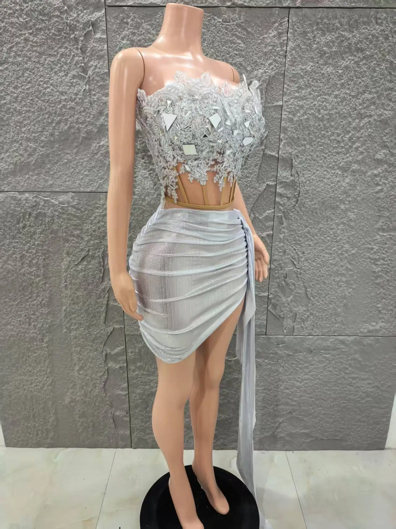 Top Quality Women Sexy Shinning Rhinestones 2 Pieces Bodycon Draped Mini Dress Nightclub Party Celebrate Stage Wear