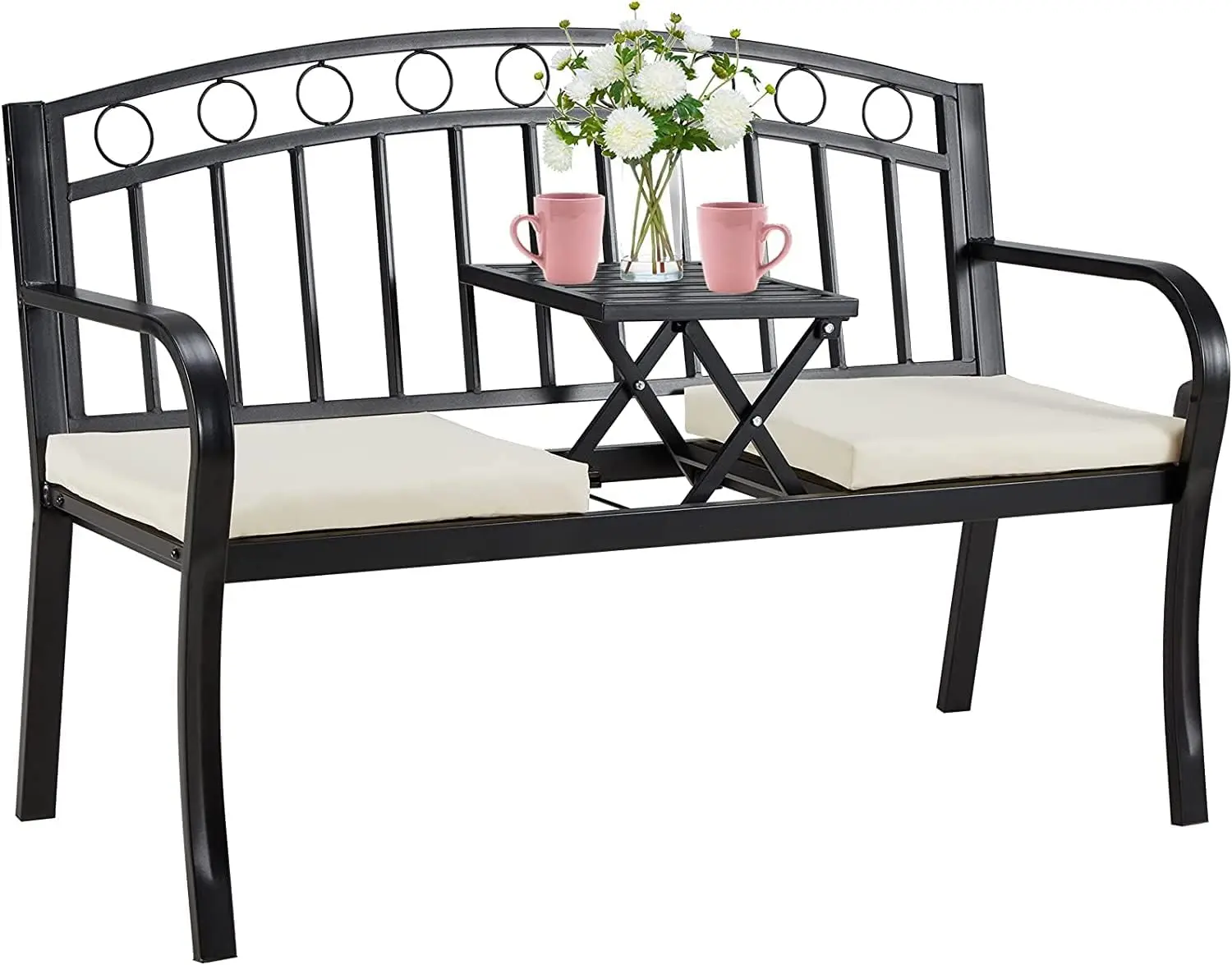 2 - Seat Outdoor Bench for Backyard, Lawn, Deck, Entryway - Steel Frame, Black - Pullout Middle Table & Cushion