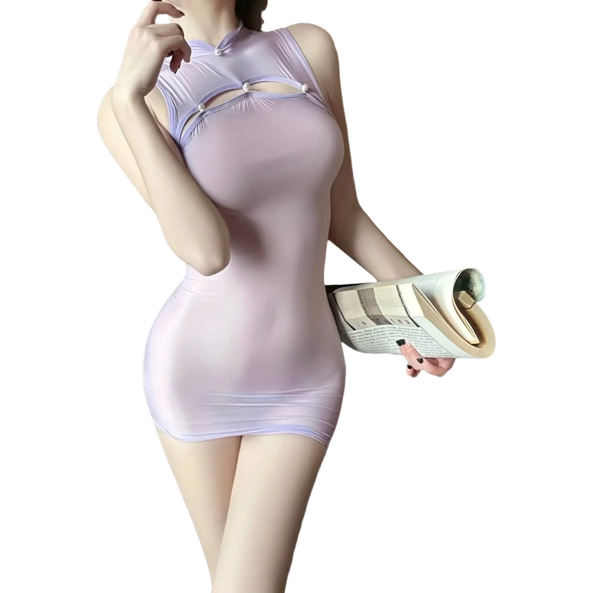 

Seductive And Alluring High-necked Silky Smooth Bodycon One-piece Uniform Lingerie Set For Women Transparent Mesh Dress XU6Y
