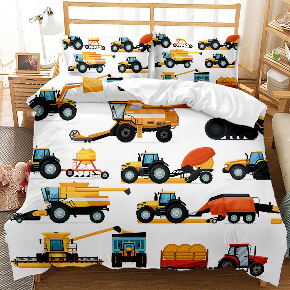 Boys Cartoon Car Bedding Set Full Construction Vehicles Comforter Cover Kids  Cartoon Machinery Truck Soft Polyester Duvet Cover