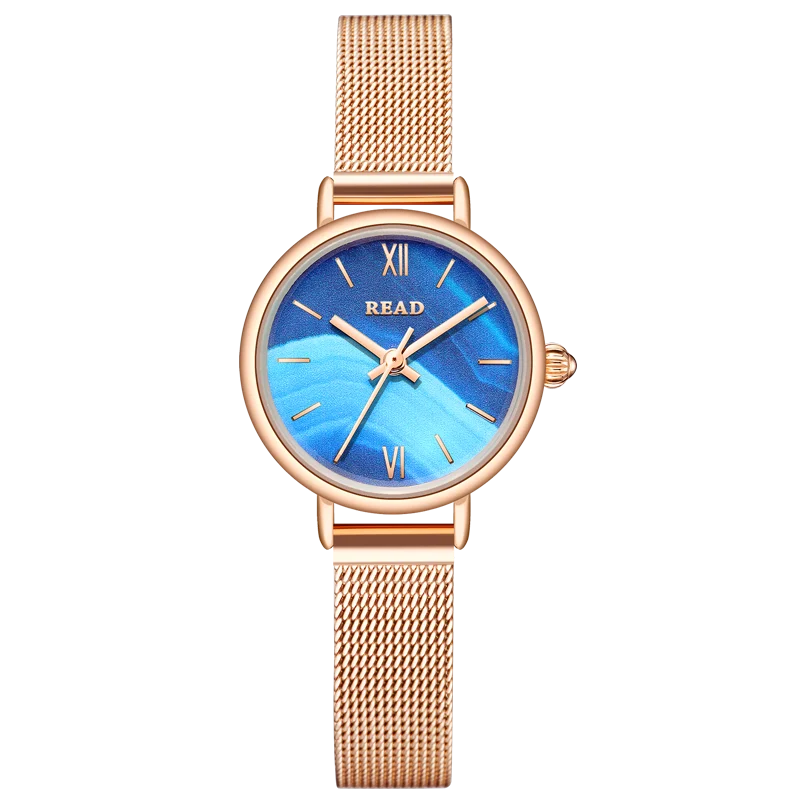 READ Ladies Analog Wrist Watch | Round Case | Ocean Blue Dial | Rose‑Tone Mesh Band | Daily Water Resistant Dress Watch