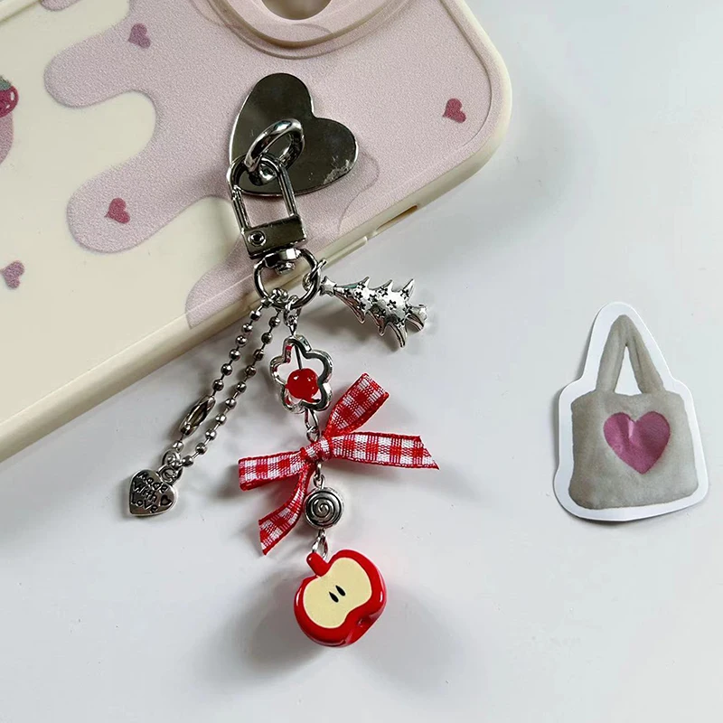 Cute Student Pendant Original Apple Love Bow Beaded Keychain Pendant Niche