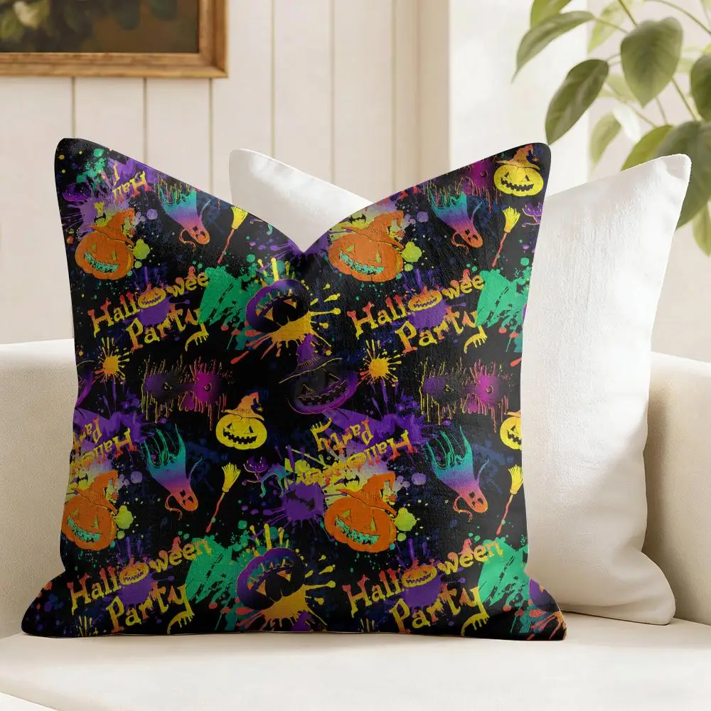 Neon Halloween Pumpkin Graphics Cushion Cover Natural Linen Organic Fabric Double-Sided Printing Breathable  Gift For Decor