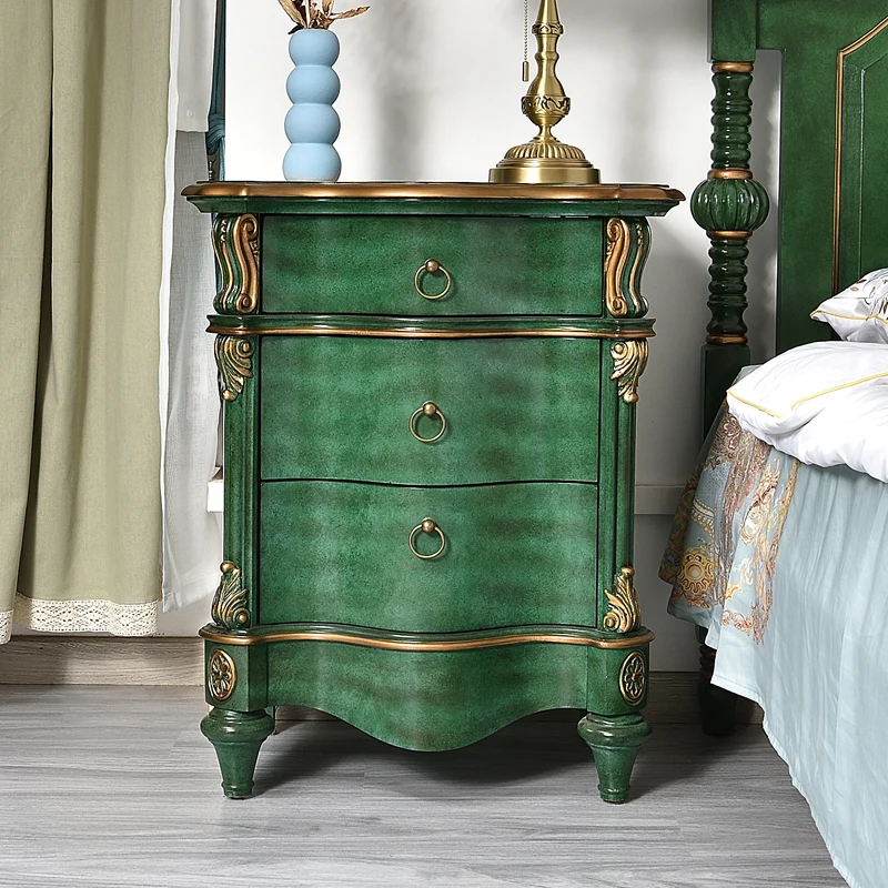 

Bedside table European gold-painted solid wood bedroom side cabinet