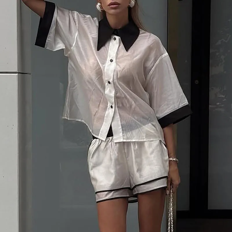 Chic Contrasting Half Sleeve Splice Suit Casual Lapel Perspective Commut Outfit Comfortable Single Breasted Shirt+Shorts 2pc Set