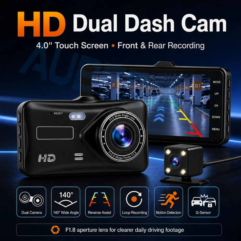 Dual Lens Dash Cam 1080P HD for Car 4 Inch Touch Screen Car DVR Video Recorder Front and Rear View Camera Vehicle Loop Recording