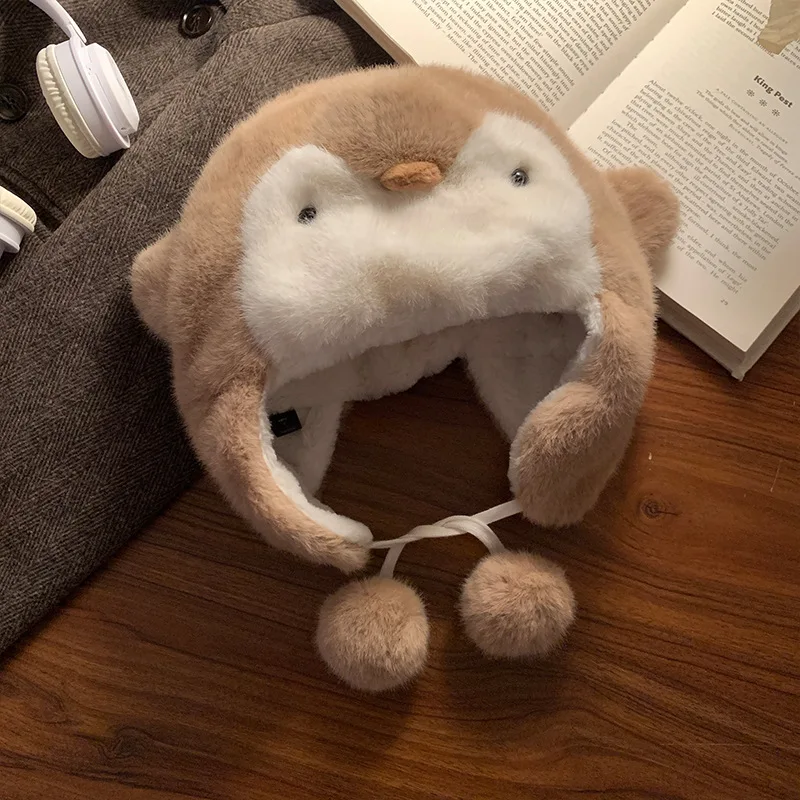 Topi Hangat Musim Dingin Lucu Kartun Hewan Penguin Topi Hangat Berbulu Tebal Pelindung Telinga Aktivitas Luar Ruangan Topi Kasual