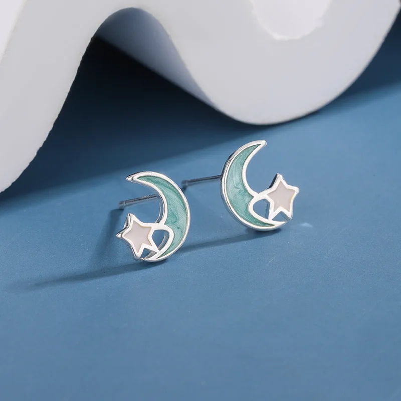 Fashion Blue Moon And White Star 925 Sterling Silver Personality Temperament Popular Earrings  E093