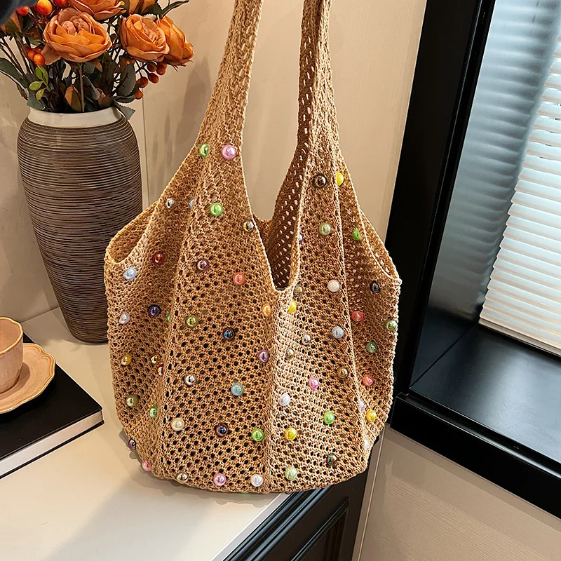 

Fashion Beaded Crochet Tote Bag, Large Capacity Hollow Knit Mesh Shoulder Bag with Multicolor Beads for Casual Summer Outings