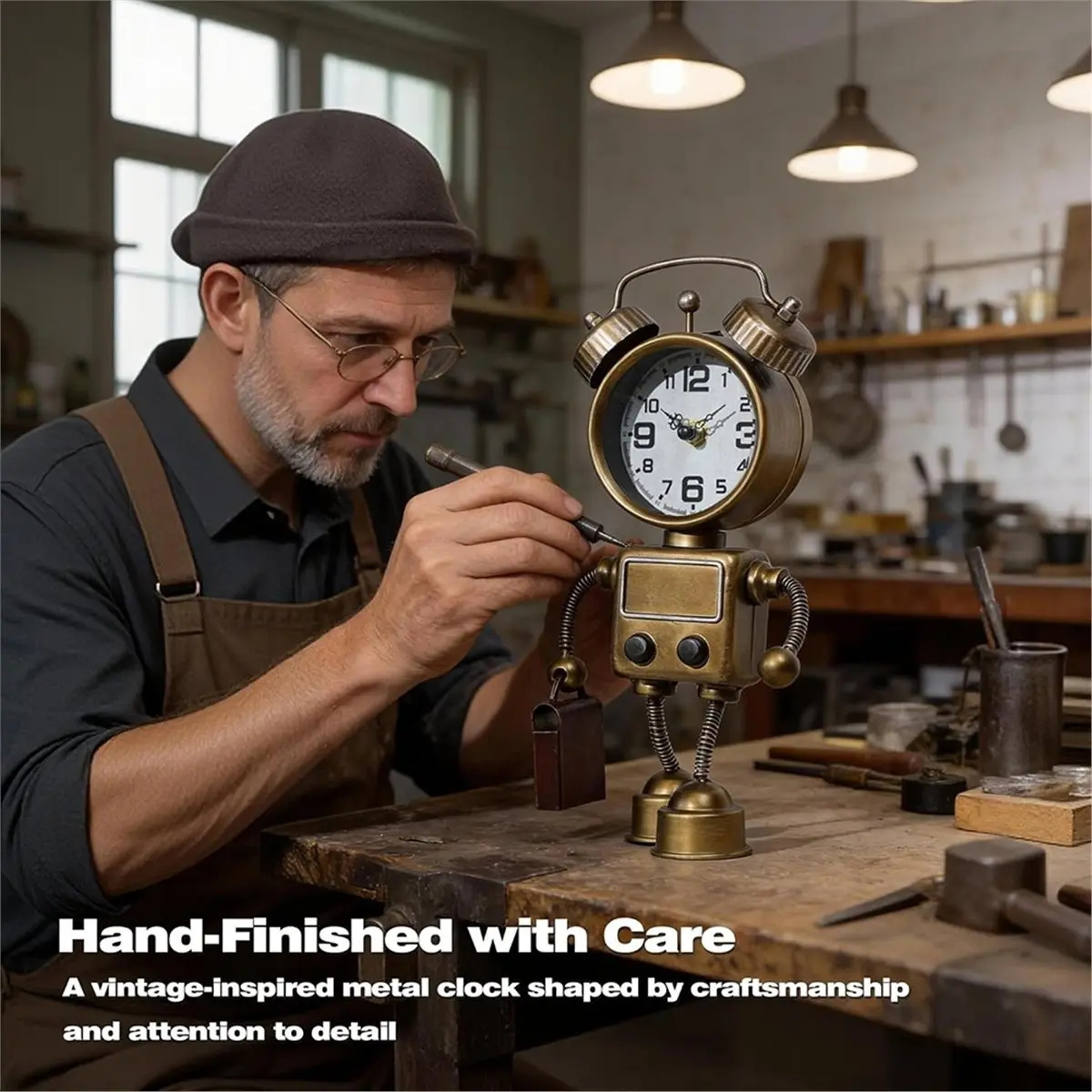 *_* Industrial Steampunk Robot Table Clock, Retro Metal Twin Bell Desk & Shelf Clock, Battery Operated