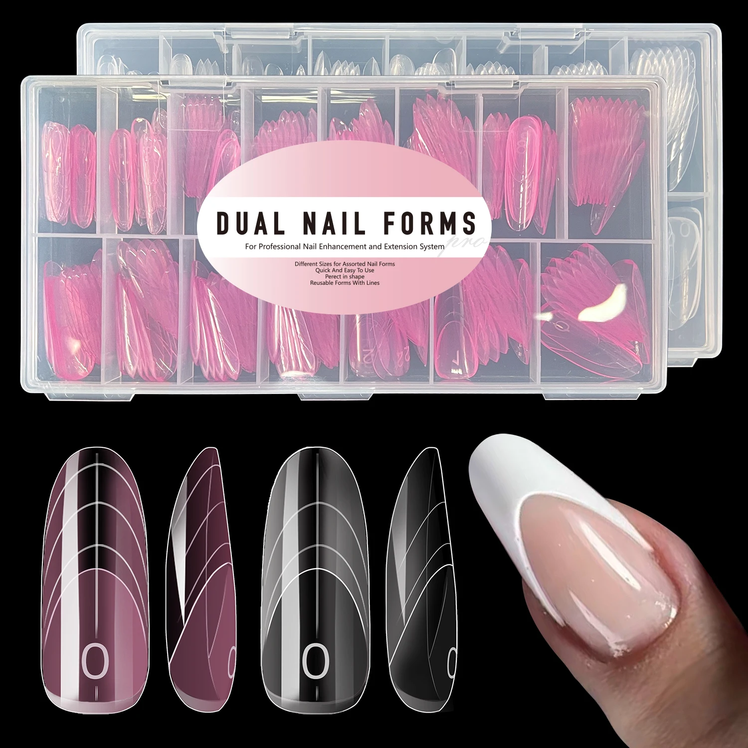 150pcs New Pink Clear Oval Nail Dual Forms French Acrylic False Nail Tips Quick Building UV Gel Molds Nail Extension Top Forms